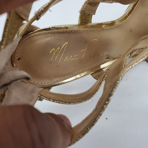 Marc Fisher Nala Leather Gold Shimmer Strappy Metallic Zip Heels Women's 8M - Picture 10 of 15
